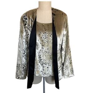 Zonda Nellis Custom Made Gold Black Silk 3 Piece Suit Blazer Skirt Top